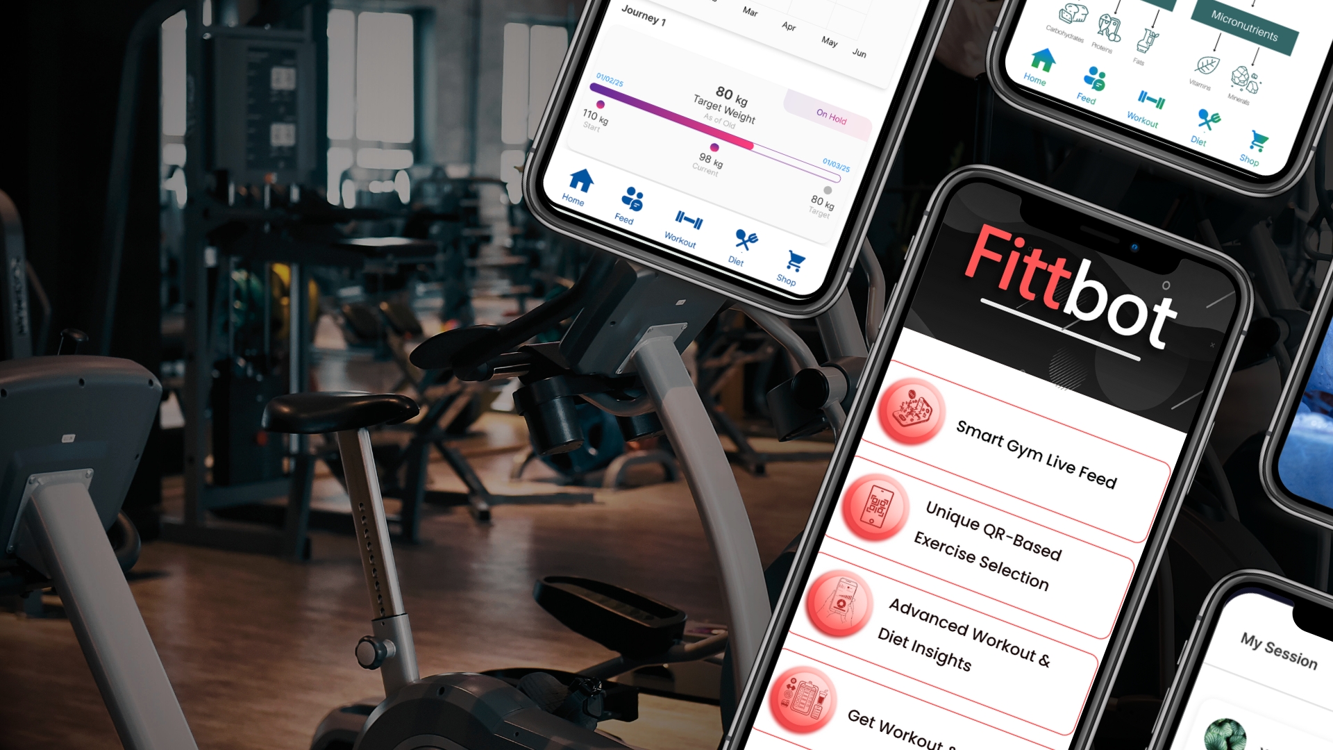 Smartphone displaying the Fittbot custom workout template app, with features for personalised workout plans, gym machine QR codes, and a calorie burn calculator highlighted.
